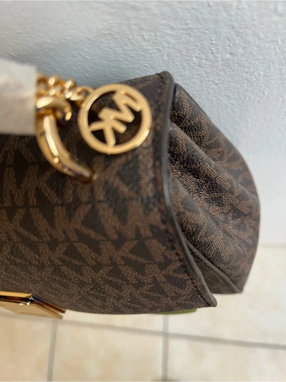 Michael Kors Brown MK Monogram and Evergreen Top-Handle Satchel